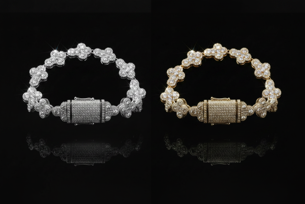 Bracciali Flower Iced-Out Argento e Oro insieme
